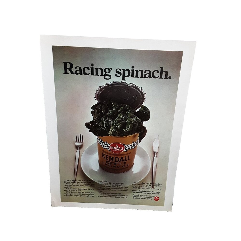 1969 Kendall GT-1 Racing Motor Oil Racing Spinach Print Ad Original 60s